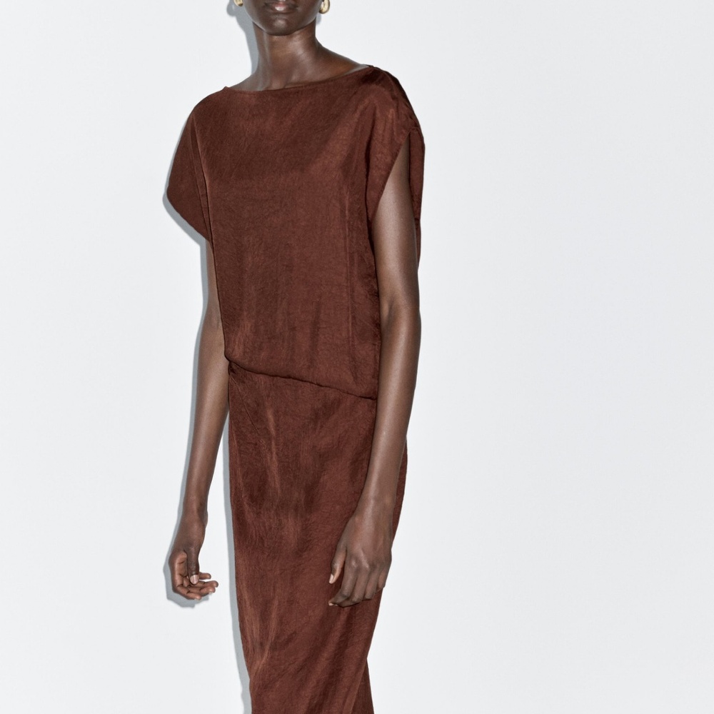 NWT Massimo Dutti Burgundy/Warm Chocolate Satin Midi Dress Size 2 US / 34 EUR - Picture 7 of 14